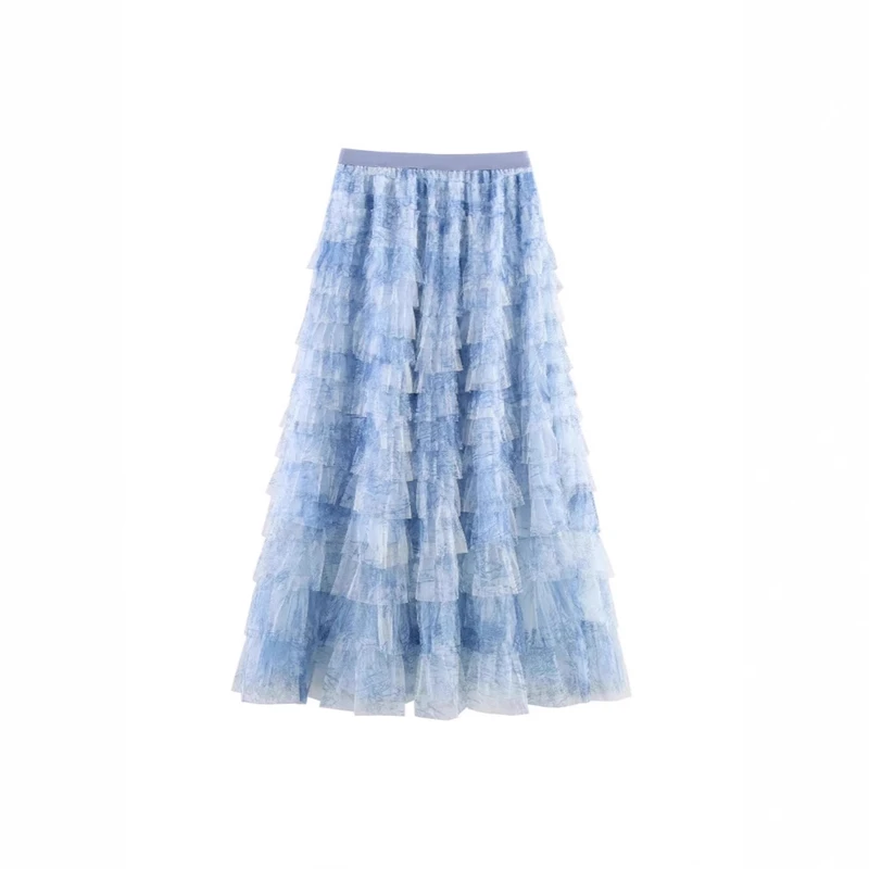 

Women Chiffon Gradient Print Long Layered Cake Skirt Elegant Mesh Tiered Maxi Skirt For Casual Party Daily Wear Women Clothing