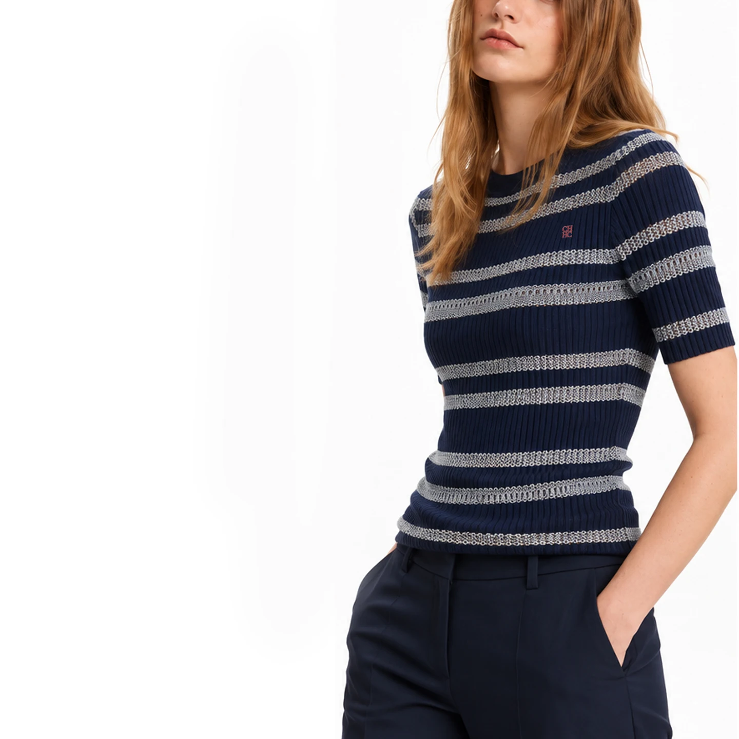 CH Round Neck Ribbed Knit Tee Hollow Striped Pattern Short Sleeve Subtle Chest Embroidery Slim Fit Fashion Knit Top