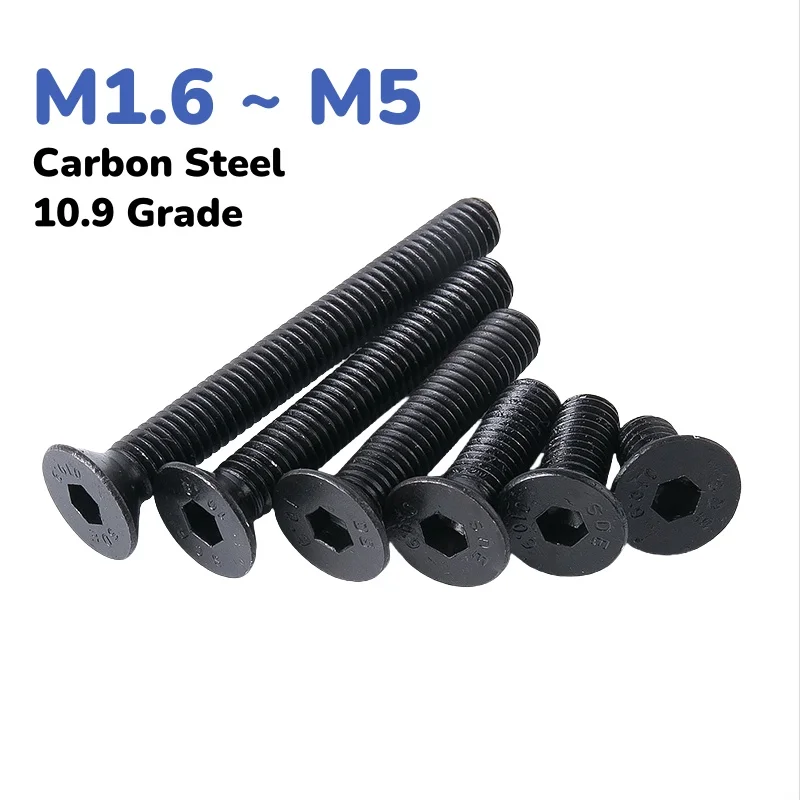 10.9 Grade High-Strength Black M1.6 M2 M2.5 M3 M4 M5 Hexagon Socket Flat Head Screw Carbon Steel Allen Bolts Machine Screws