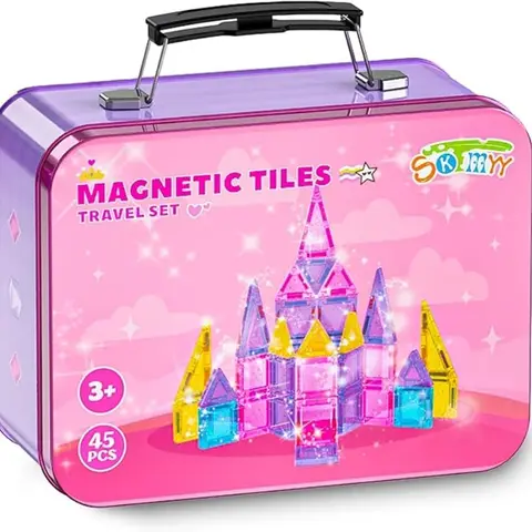 Mini piastrelle magnetiche 45 pezzi Piastrelle magnetiche da viaggio portatili Set con custodia in ferro Giocattolo creativo STEM Montessori per regali di compleanno per ragazze