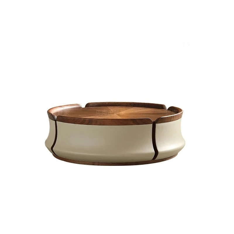 AAItalian Light Luxury High-end Coffee Table Living Room Small Apartment Household Petal Walnut Solid Wood Round Coffee Table