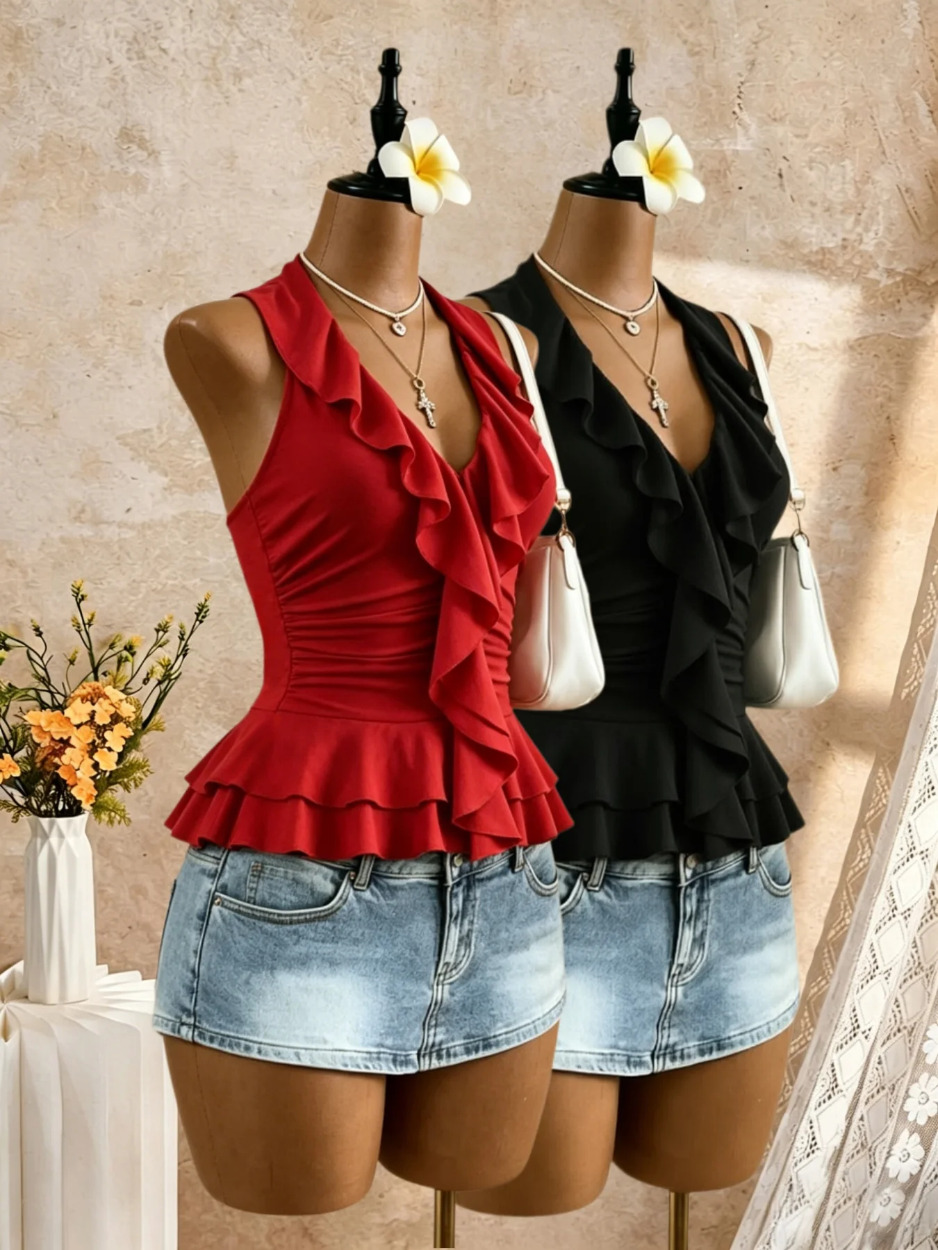 2 Pack Multi-color Women Halter V Neck Ruffle Trim Ruched Waist Peplum Hem Slim Fit Crop Cami Top 2026 Summer Y2K Solid Sleevele