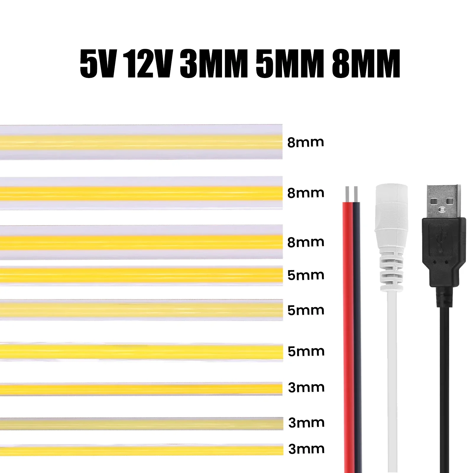 DC5V USB COB LED Strip 3mm 5mm 8mm Width 12V 320LEDs Flexible LED Strip Light with Adhesive High Density Linear Lighting Cob led