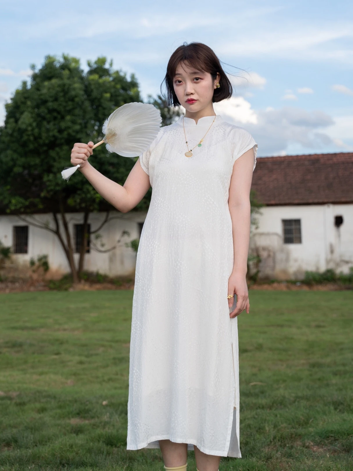 

Белая юбка Qipao Dr Artistic Flat Cut k с цветочным принтом и свободной талией для поездок на работу, воротник-стойка, юбка средней длины