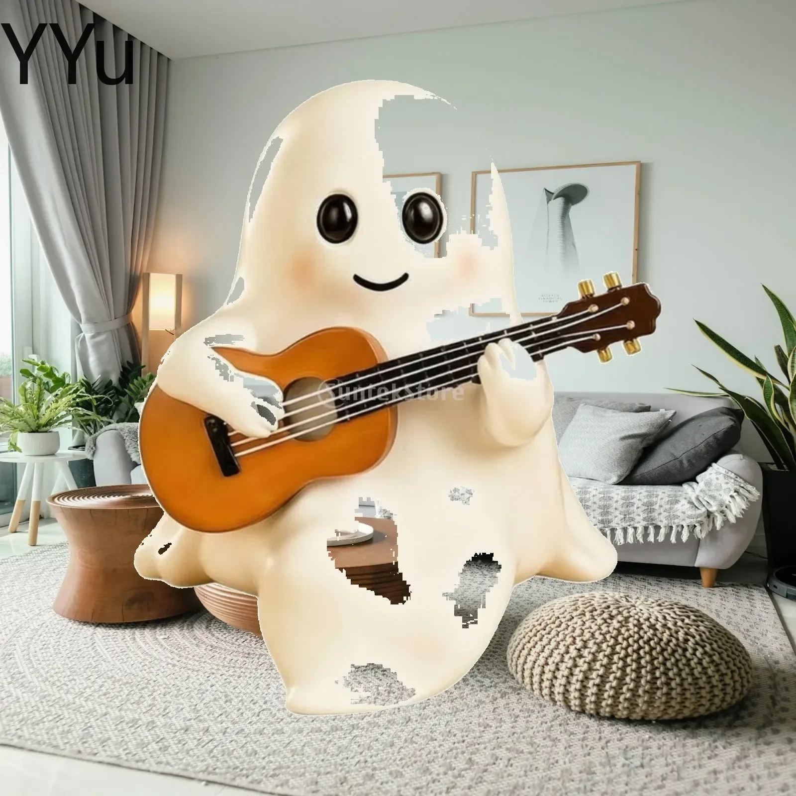 Ghost Figurine with Guitar Holiday Ghost Ornament with Guitar Halloween Tabletop Ornament Playful Decor Spooky for Music Lovers