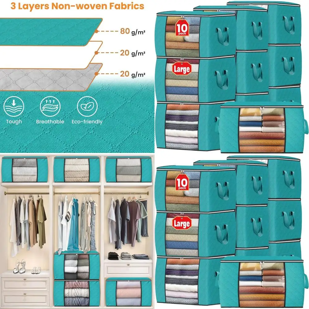 

10-Pack Green Thick Fabric Storage Bags for 24 Gallon Clothes, Blankets, and Bedroom Organization with Handles