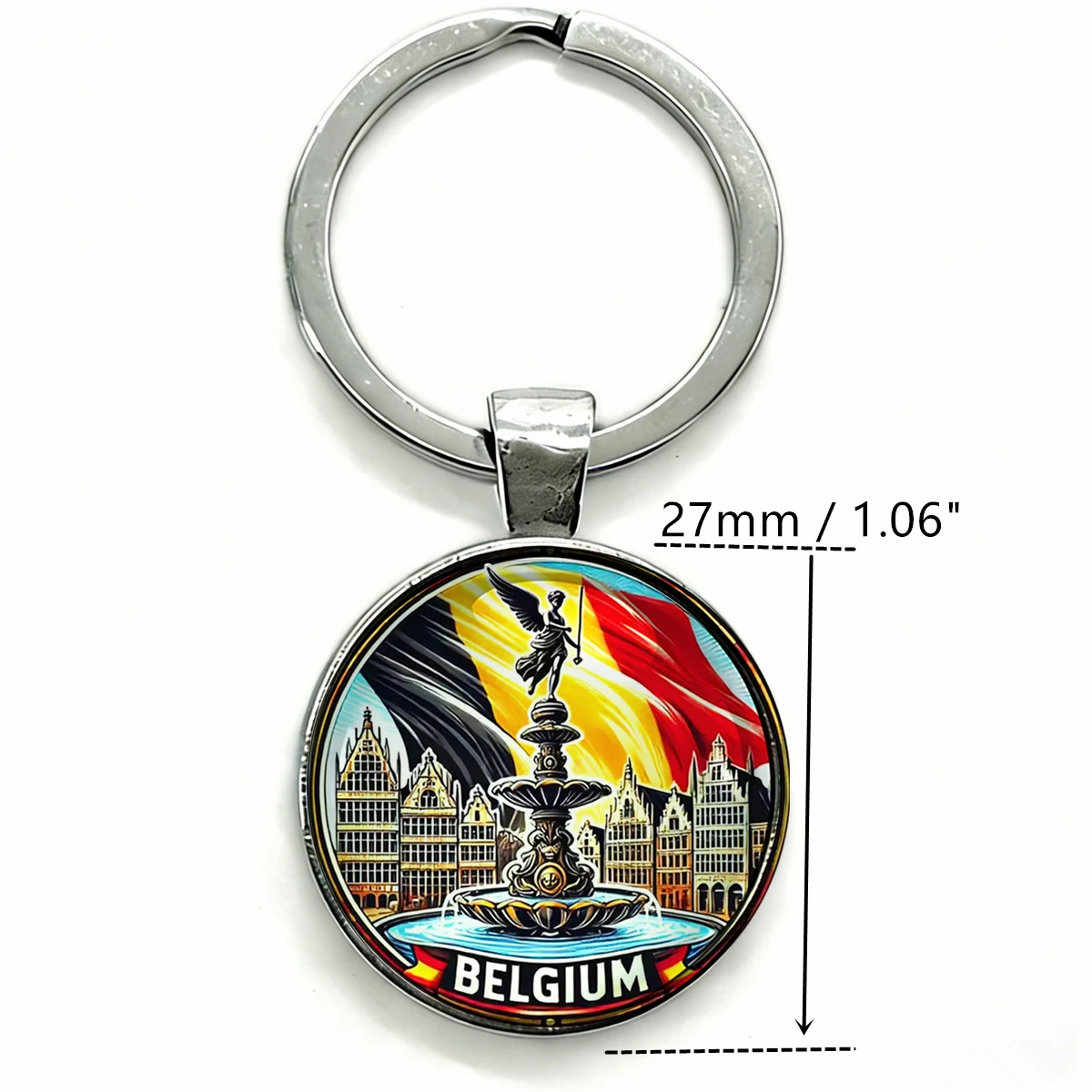 1pc Belgium Tourist Souvenir Keychain Round Glass Cabochon Key Ring Belgian Flag City Fountain Angel Pattern Travel Gift
