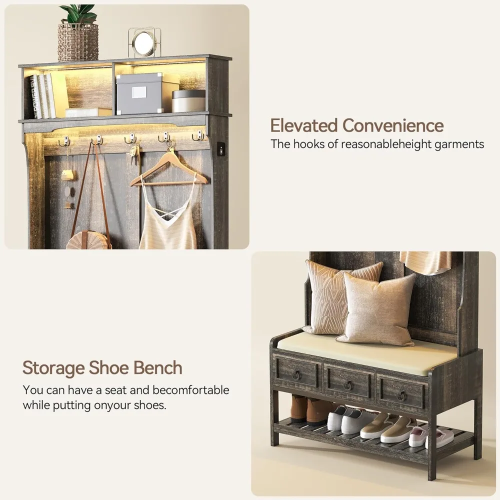 "مقعد مدخل على طراز المزرعة مقاس 67 بوصة مع مساحة تخزين للأحذية، ورف معطف خشبي بمستشعر تلقائي، وإضاءة LED"