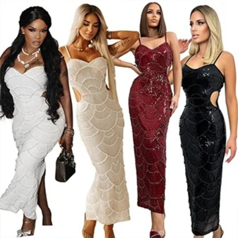 

New Sequin Hollow Out Spaghetti Strap Backless Mermaid Long Dresses Women Elegant Celebrity Party Evening Wedding Bodycon Gowns