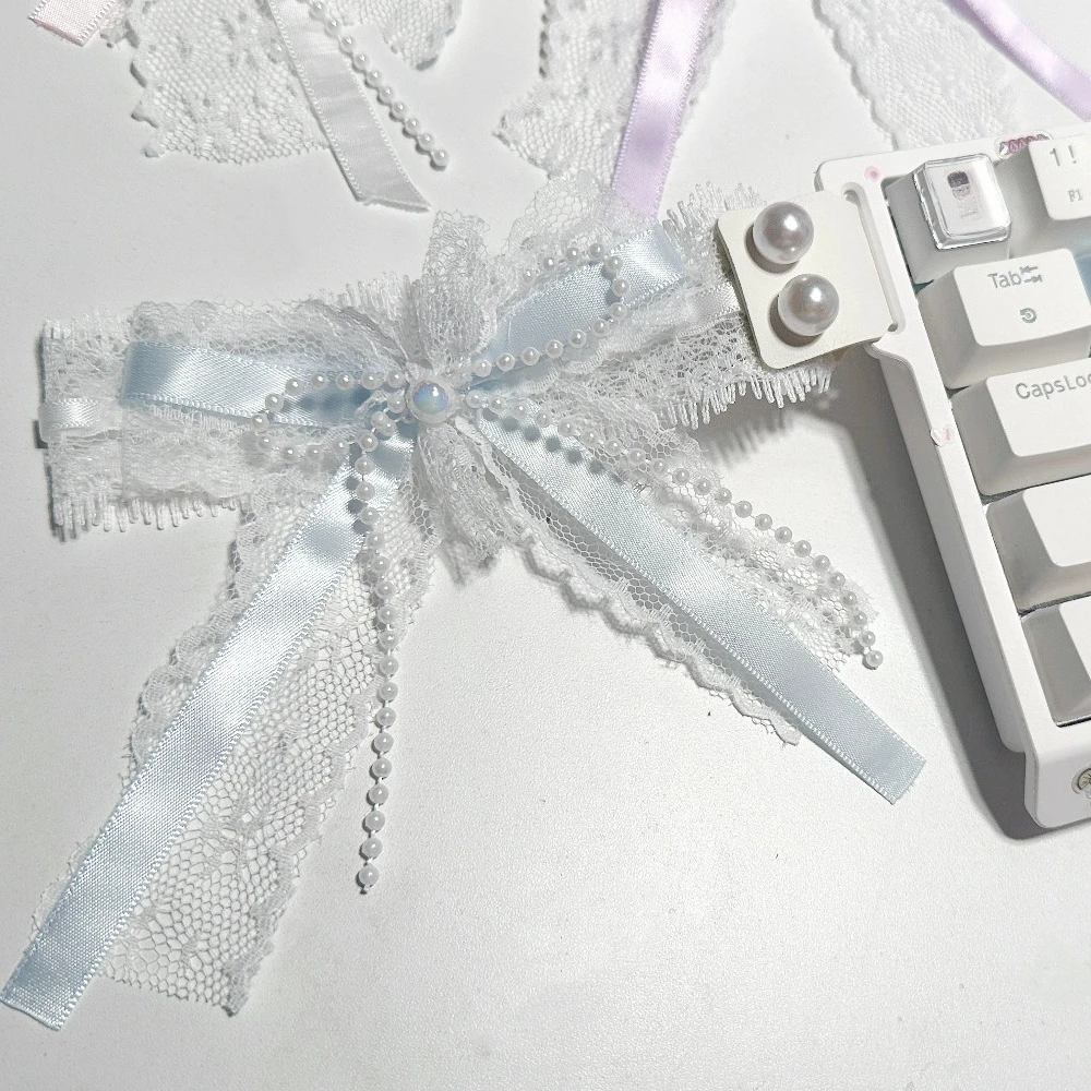 Handmade Customized Keyboard Ribbon Bow Lace Keyboards Decorative Tape Pearl Cute Pink/white Mechanical Keyboard Accessories