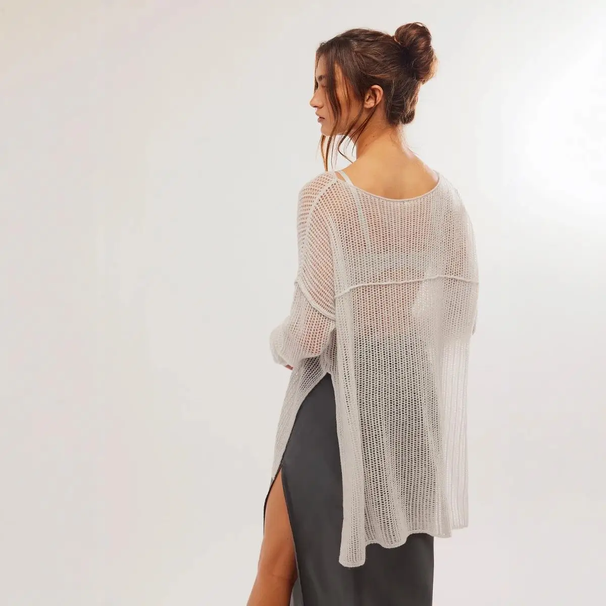 Wiosenno-letnia nowa dzianinowa długa narzutka na bikini w jednolitym kolorze, modna odzież plażowa, męski zestaw.