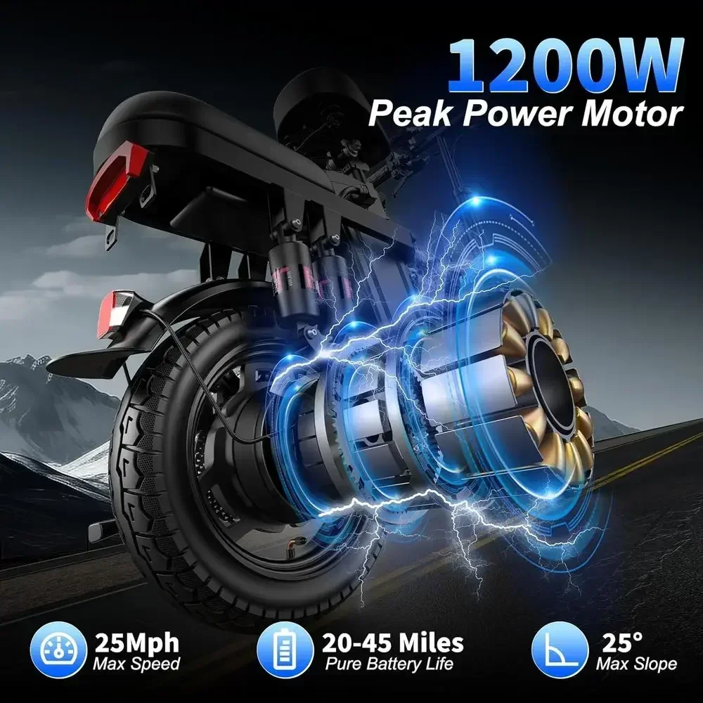 Adults 25 MPH Electric Bike, 48V 480Wh, PAS, 11-Level Suspension, 14 Tires for Teens