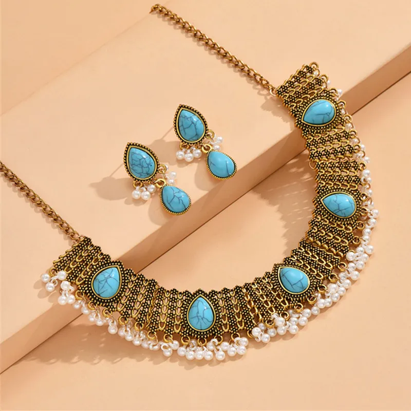 Turquoise Stone Chunky Necklace Earrings For Women Vintage Simulated Pearl Decoration Jewelry Set