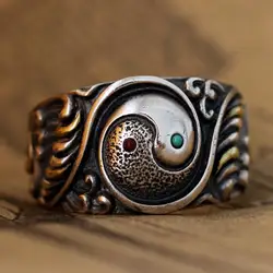 Ethnic Style Retro Personality Inlaid Imitation Red Turquoise Yin-yang Fish Open Adjustment Size Ring Retro Line Pattern Jewelry