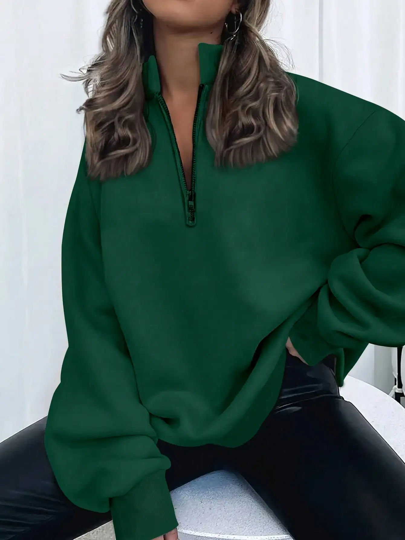 

Женская зеленая толстовка на молнии с длинным рукавом, свободного кроя, для осени и зимы