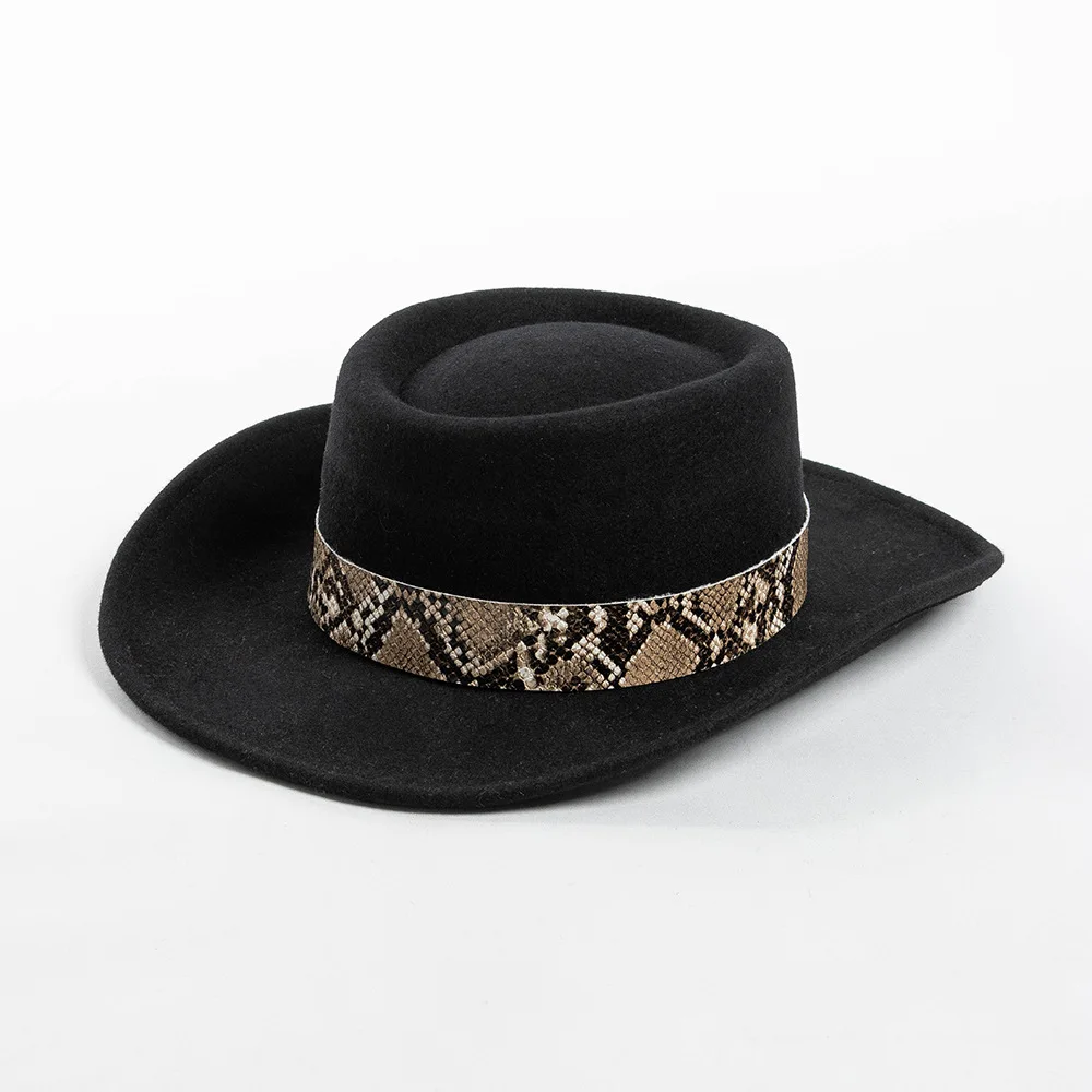 Pork Pie Hat with Wide Brim and Upturned Edge, Pure Wool Fedora with Imitation Snakeskin Decorative Band and Wool Felt Hat