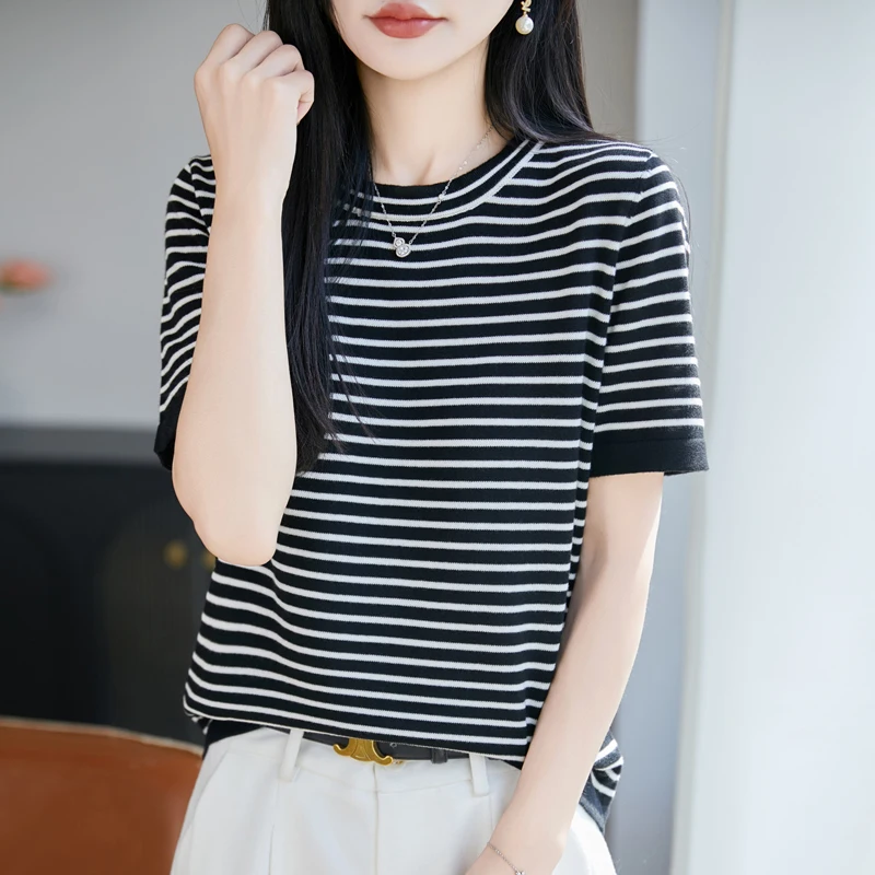 Summer New Style Pure Cotton Round Neck Knit Shirt For Women Short-Sleeved Narrow Striped Loose-Fitting Base Shirt T-Shirt Top