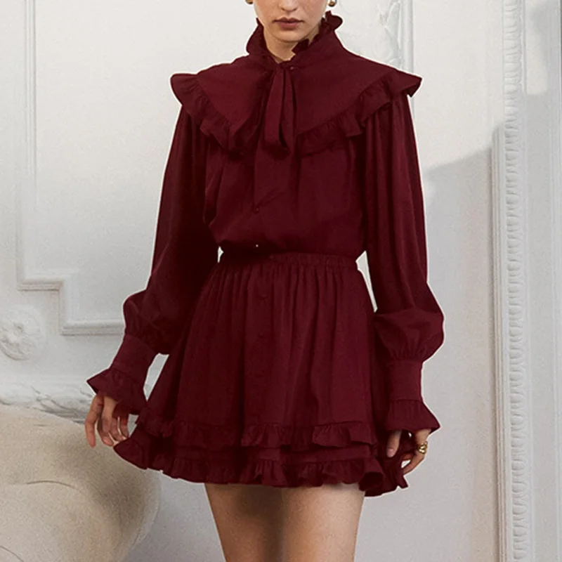 Ticketsx Vintage Lace Up Ruched Dress Elegant Solid Women Button Patchwork Mini Dress Fashion Commute Streetwear Lady Vestidos