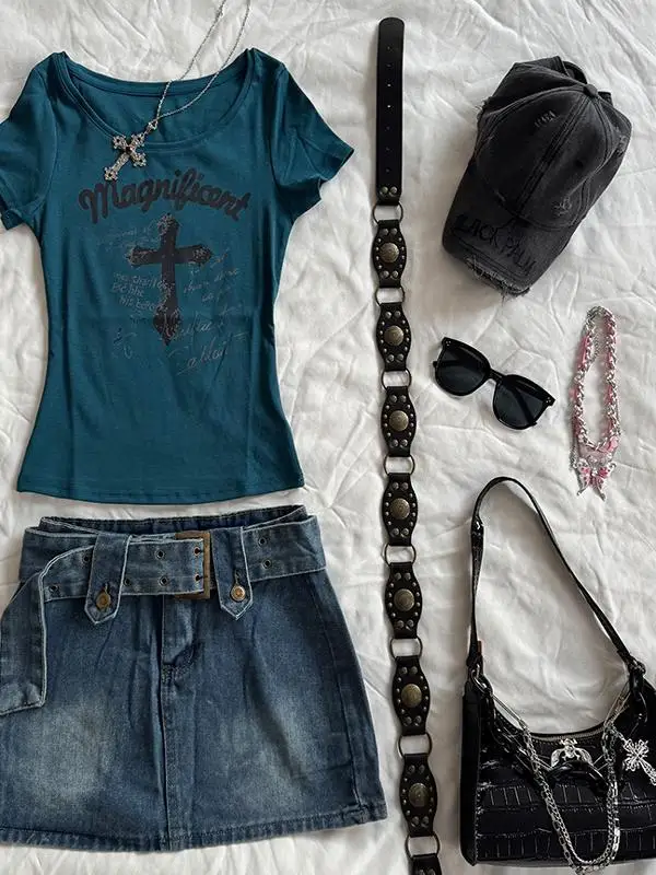 Gothique Rose Bleu Imprimé Coupe Slim Or Sve T-irt Femme Américain Rétro Sle Haut Décontracté Quali Polyester Coton Mélange