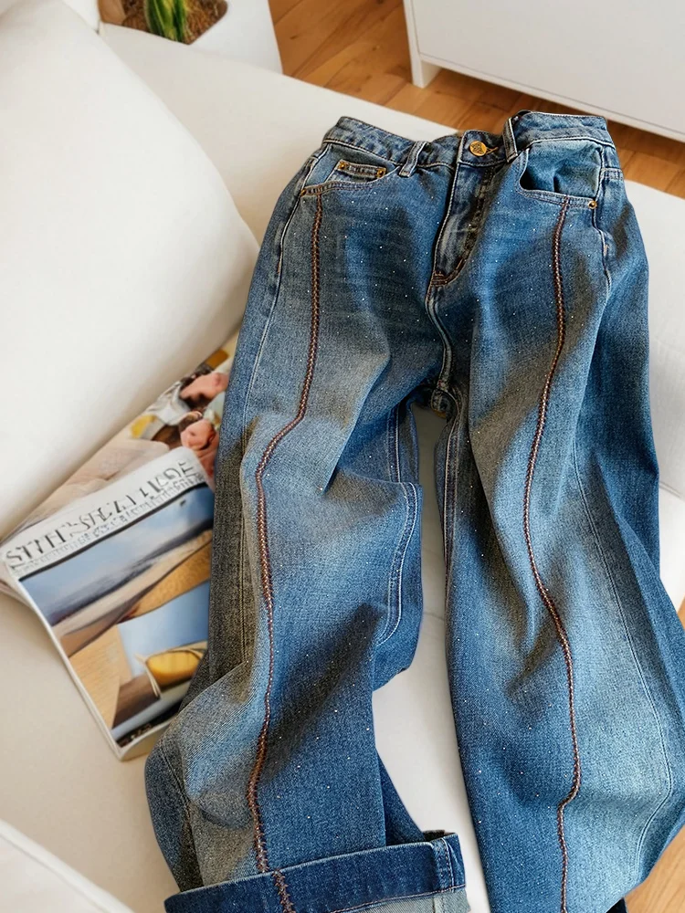 Męskie luźne jeansy w stylu retro American Heavy Du, zdobione dżetami, niebieskie, z wysokim stanem, dopasowane, proste nogawki, casualowe spodnie dżinsowe.