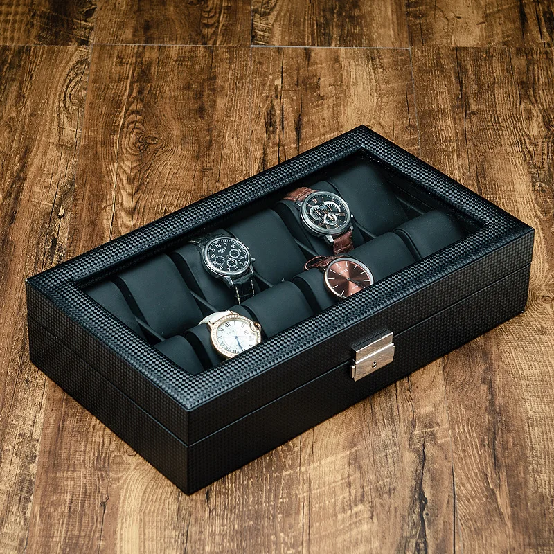 Carbon fiber leather watch box storage box jewelry watch mechanical watch jewelry finishing collection with lock watch box