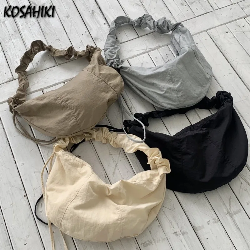 Simple Pleated Drawstring Women\'s Handbags Streetwear Trendy  All Match Crossbody Bag Vintage Casual Grunge Shoulder Bags Y2k