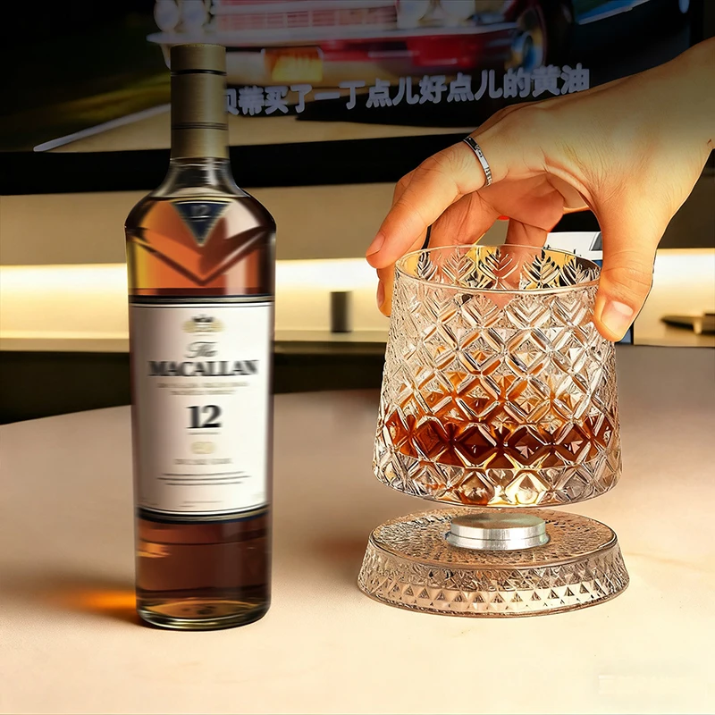 2026 New Whiskey Glasses Rotating Whisky Glass with Glass Base 360 Rotate Degrees Crystal Rum Glass for Cocktail Party Drinking
