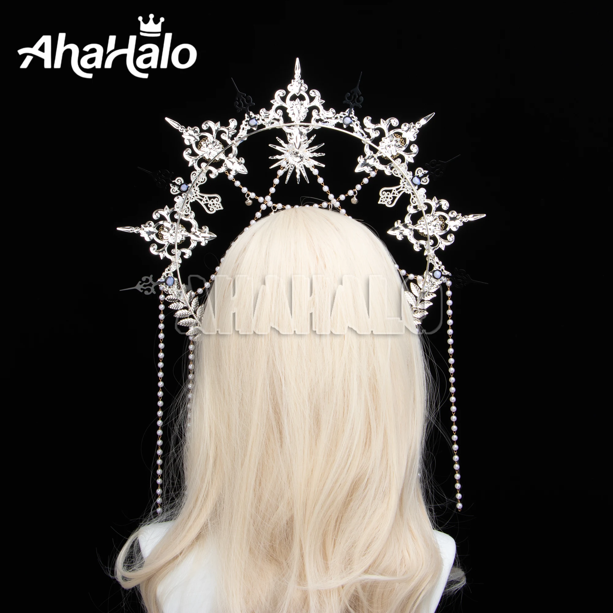 Argent gothique Halo couronne casque Lolita soleil déesse reine diadème perle perlée chaîne bandeau carnaval Halloween accessoire de cheveux