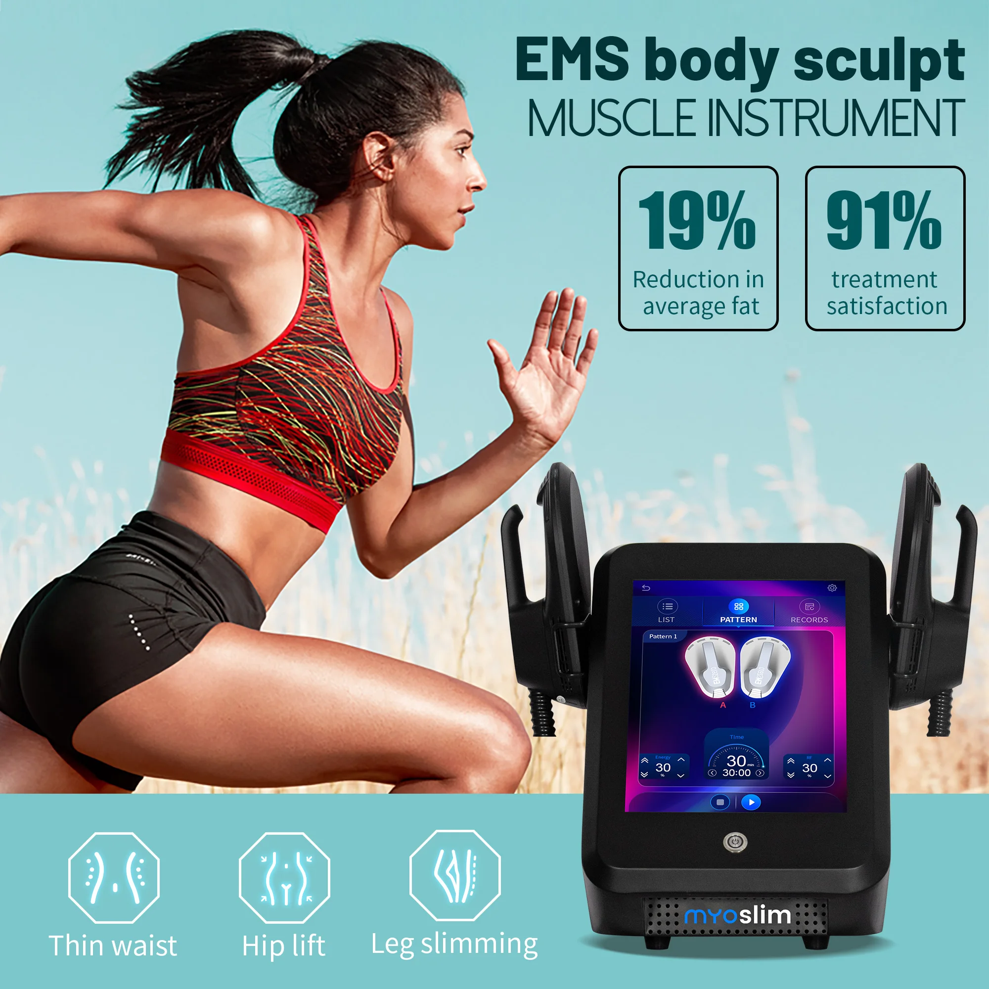 MYOslim EMS Body Sculpt Machine EMT+RF Muscle Building Fat Burning Skin Tightening 2 Handle RF Non-Invasive Body Shaping Device
