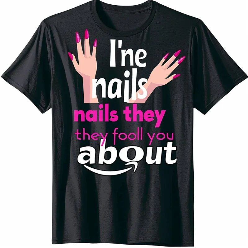 

'Nails Tech' Black T Shirt Featuring Chic Manicure Illustration in Vibrant Pink