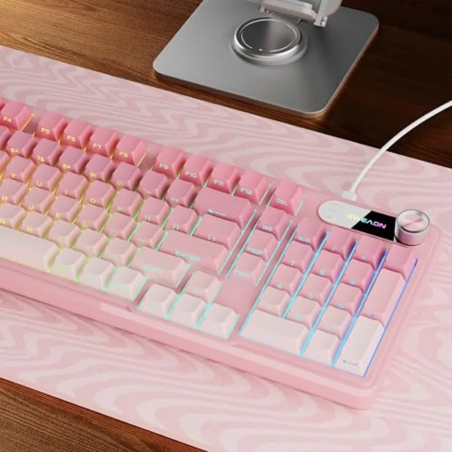 V102 Wired Keyboard 98 Keys Creamy Gaming Keyboard with Number Pad Display Screen and Media Knob RGB Silent Wired Cute Computer