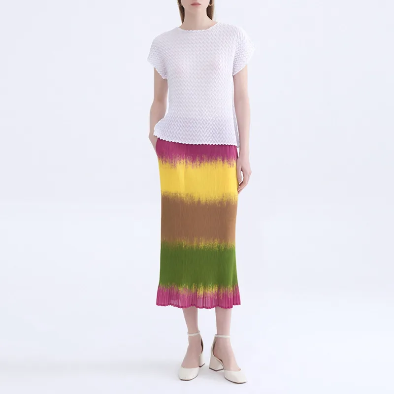 YFPF – jupe longue plissée pour femmes, Design imprimé coloré, Miyake, couleur contrastée, élégante, nouveaux vêtements à la mode, 2025