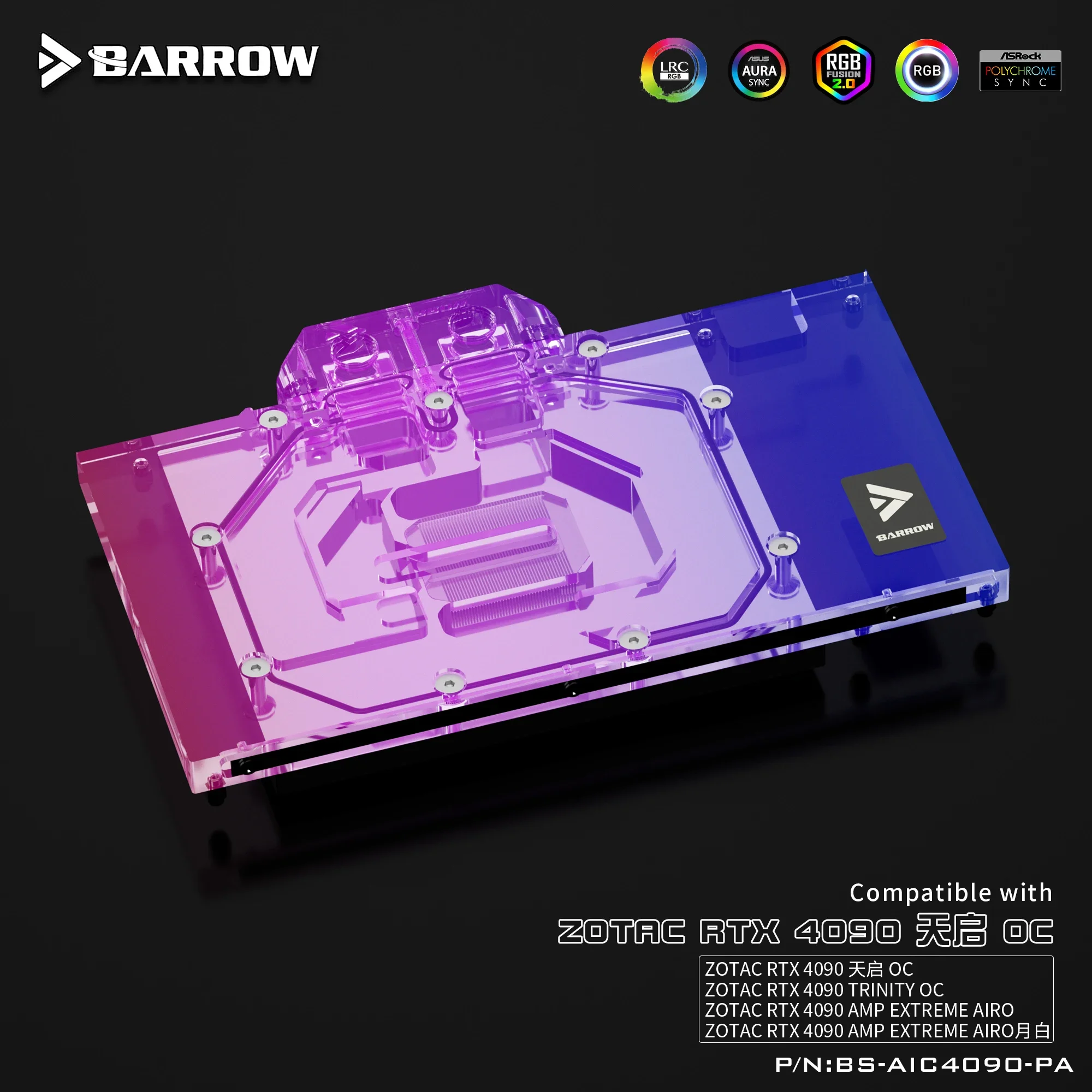 BARROW Water Block for ZOTAC GeForce RTX 4090 Trinity OC/AMP Extreme AIRO/GPU Card Copper Cooling Radiator ARGB BS-AIC4090-PA