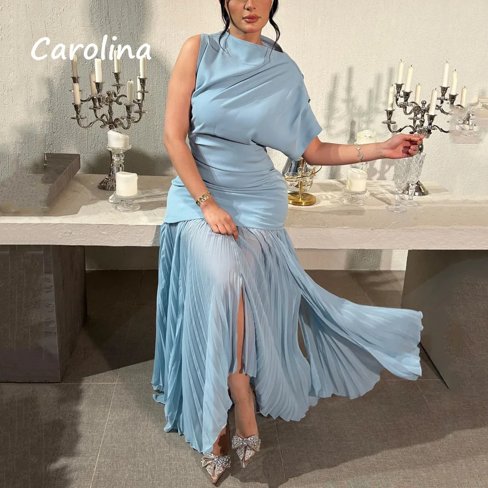 Carolina Blue One-Shoulder Crepe Mermaid Prom Gowns 2024 High Quality Slim Short Sleeve Ankle-Length Formal Evening Dress