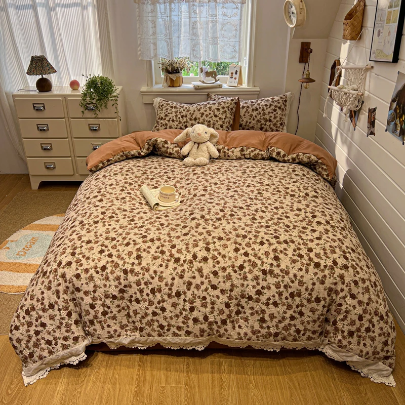 3/4Pcs Korean Princess Style Floral Lace Bedding Set Single Queen King Size Duvet Cover Set Bed Sheet Pillowcases