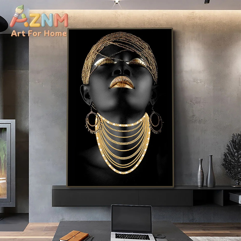 African Women Classic Black Gold Gestures Posters and Prints Female Portraits Canvas Painting Wall Art Pictures for Home Decor