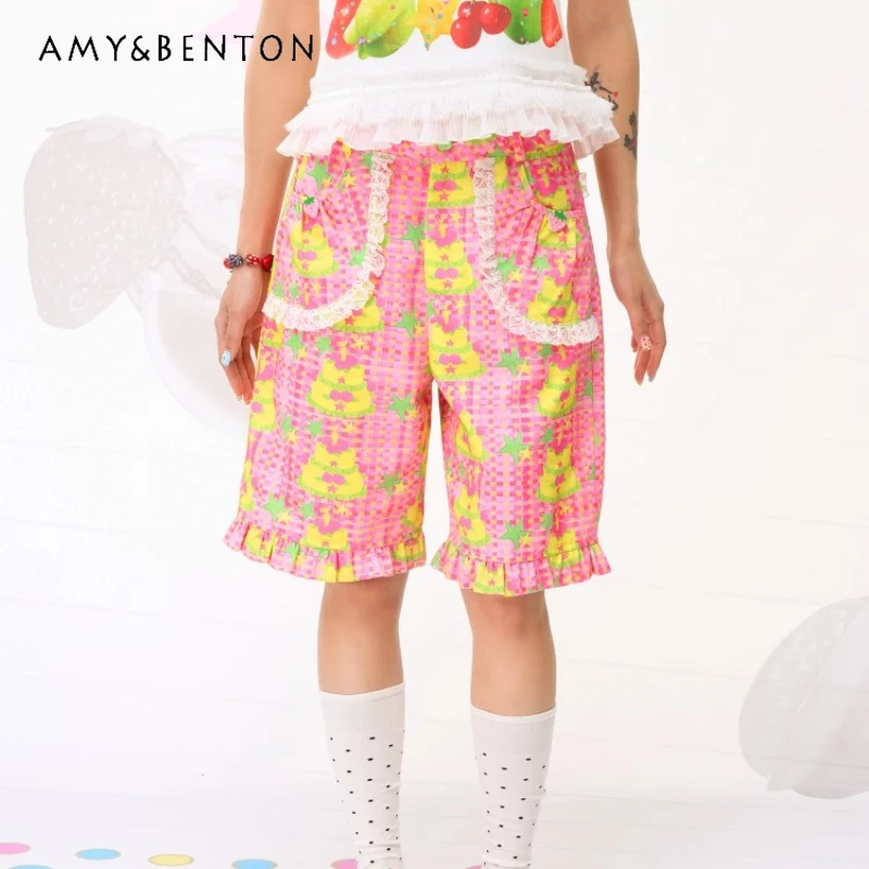 

Japanese Sweet Y2k Cake Printed Women's Middle Pants Original Summer Design Cute Age-reducing Versatile Five-point Pants Ladies