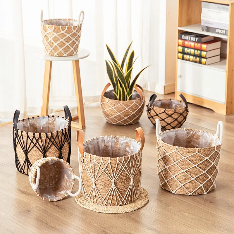 Planter Wikcer Basket With Kniting Decoration Natural Flower Pot Home Decor Garden Bamboo Seagrass Storage Baskets