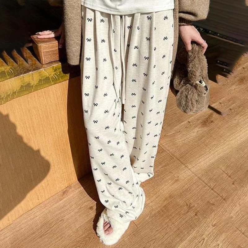 Korean Style Fashion Sweet Bow Drawstring High Waist Wide Leg Pants