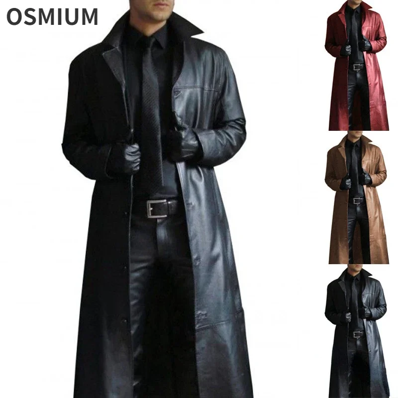 Autumn Mens Fashion Retro Solid Color Button Slim Long PU Leather Jacket Oversize Leather Men Coat Plus Size Windbreaker S-5XL