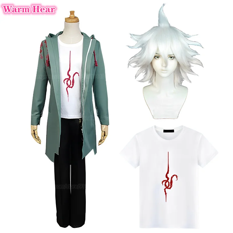 Komaeda Nagito Cosplay para Homens, Super Danganronpa 2, Jaqueta, Army Green Trench, Casaco Casual Halloween, Peruca de Cabelo Cosplay