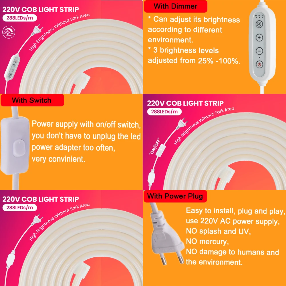 4key Dimmer LED COB Neon Strip Light Dimmable 220V Switch EU Power Plug Kit 288 LEDs Milky Tube Flexible Lamp Warm/Natural White