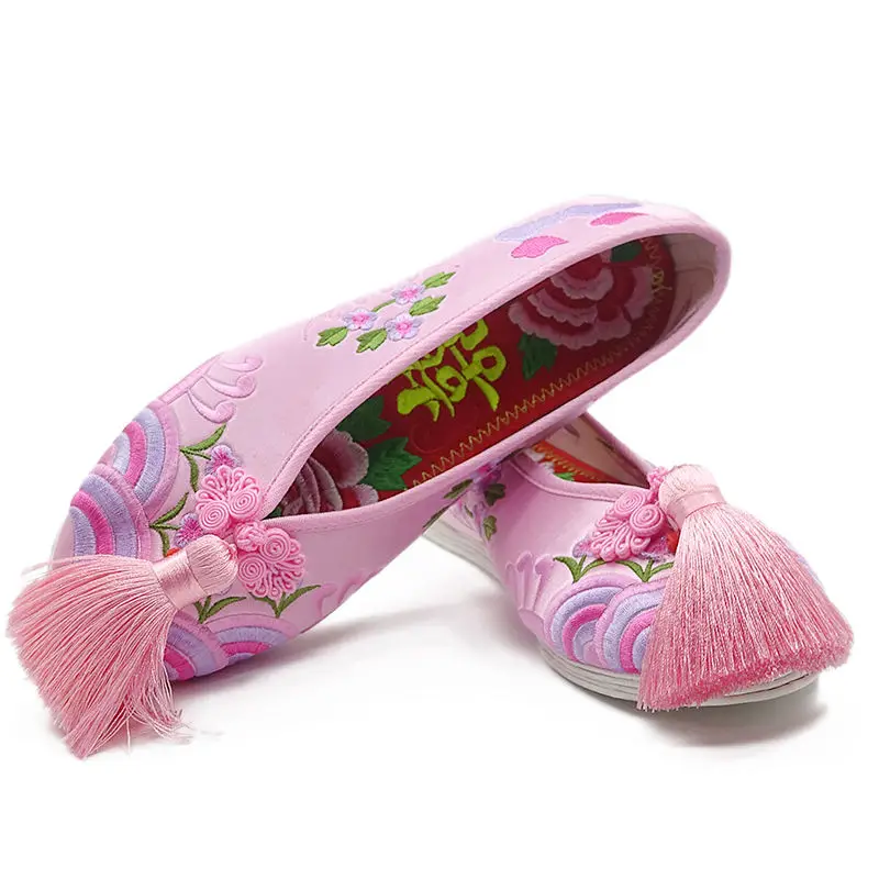 Chaussures brodées pour filles, chaussures de mariage de littérature, chaussures à diaphragmes d'opéra chinois traditionnel, chaussures roses, chaussures Hanfu, flattie