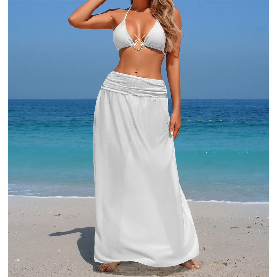 Mit Rock, Neckholder, Metallring, Bikini, Damen-Badeanzug, dreiteiliges Bikini-Set, Damen-Badebekleidung, gepolsterter Badeanzug, Badeanzug, Schwimmanzug V7236 – Detail 7