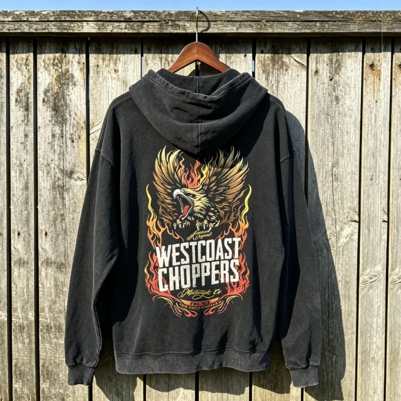 Black Washed Terry West Coast Choppers Hoodie Flame Eagle Retro Print Letter Cross Hooded Sweatshirt Men Women Streetwear