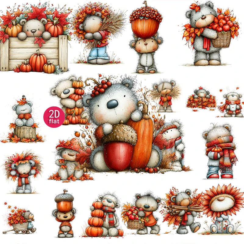 20pcs 2D Flat, Cute Cartoon Autumn Bear Stickers, Pumpkin Maple Leaf Decals, Suitable for diaries and DIY scrapbook stickers