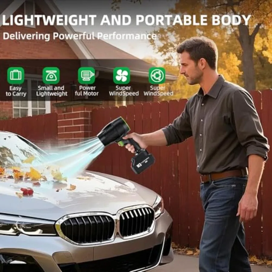 منفاخ أوراق شجر كهربائي لاسلكي مع محرك عالي السرعة 150000 دورة في الدقيقة لتنظيف الفناء والعناية بالعشب يتضمن 2 × 1.5 أمبير في الساعة