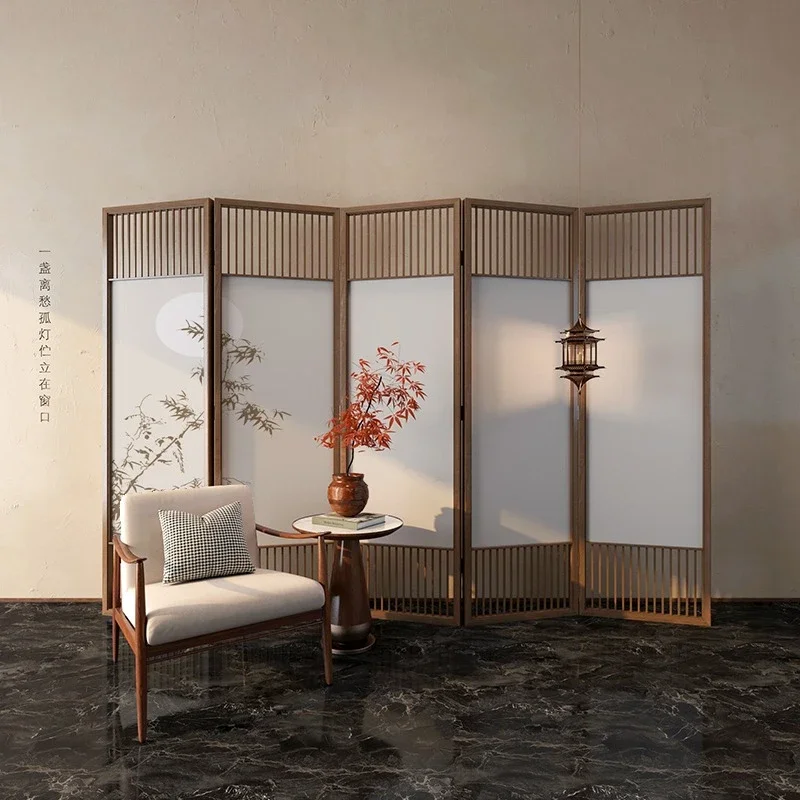 New Chinese Zen bamboo folding partition living room entrance decoration study sofa solid wood movable folding