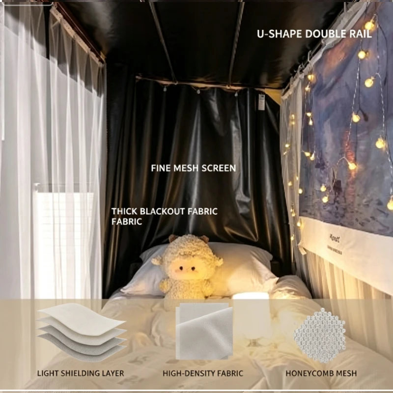U-Shaped Double Track Bed Curtain Full Blackout Dorm Top Bunk Mosquito Net Combo U-Shaped Dorm Room Window Curtain