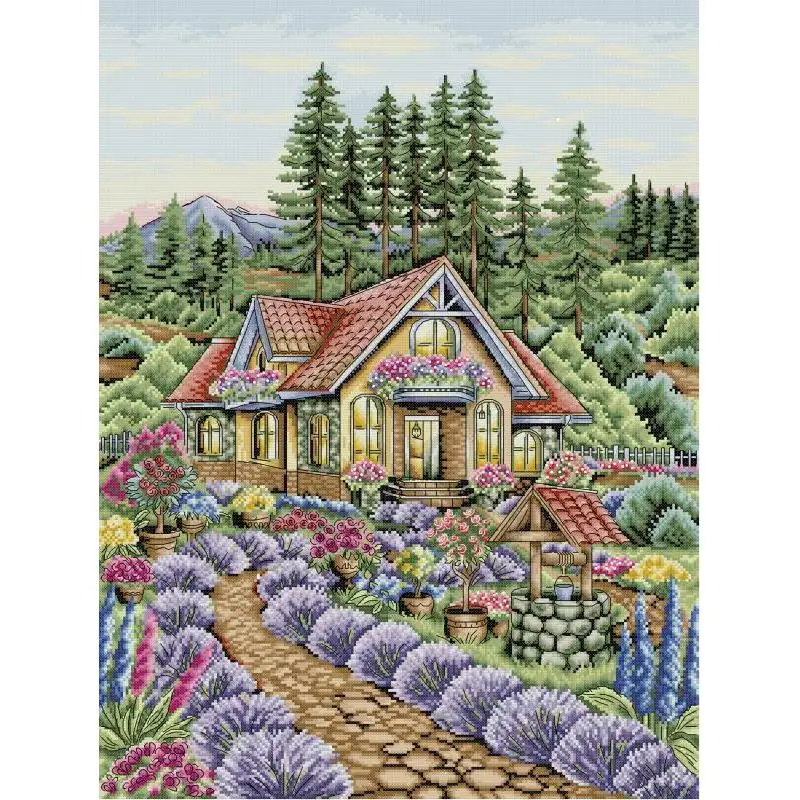 

Lavender Flower House Scenery Pattern Cross Stitch Handmade Embroidery Kit Aida 14CT 16CT 11CT Canvas Printed Fabric Sewing Set